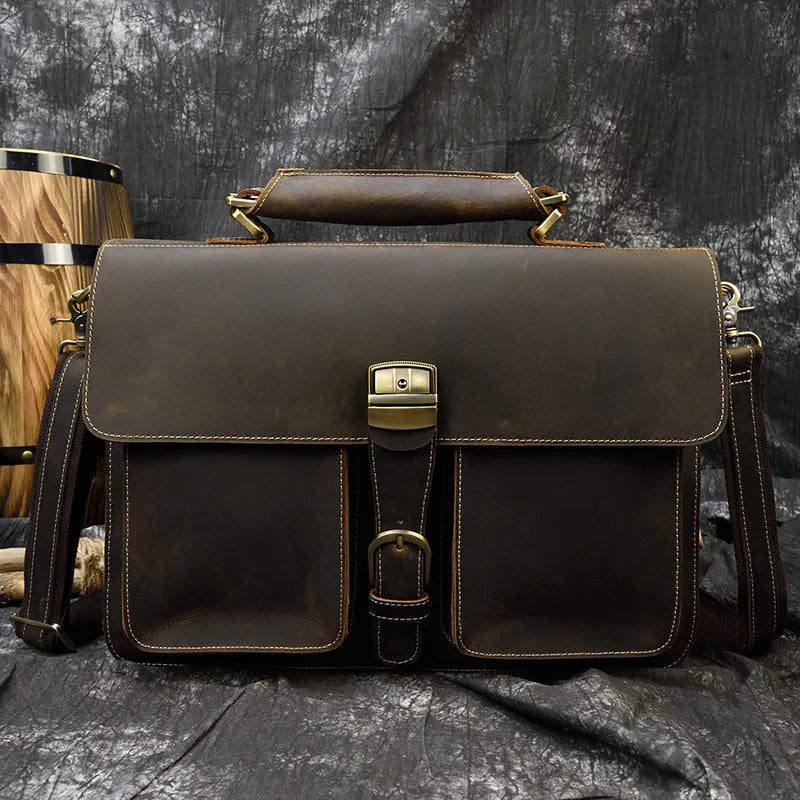 Distressed Dark Brown Leather Briefcase - 2 - aw | ONEFY.SHOP