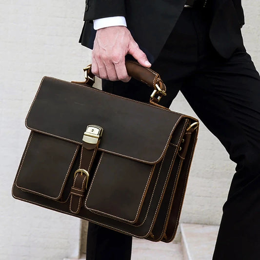 Distressed Dark Brown Leather Briefcase - 2 - aw | ONEFY.SHOP