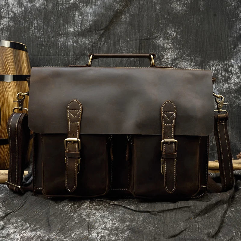 Distressed Dark Brown Leather Briefcase - 2 - aw | ONEFY.SHOP