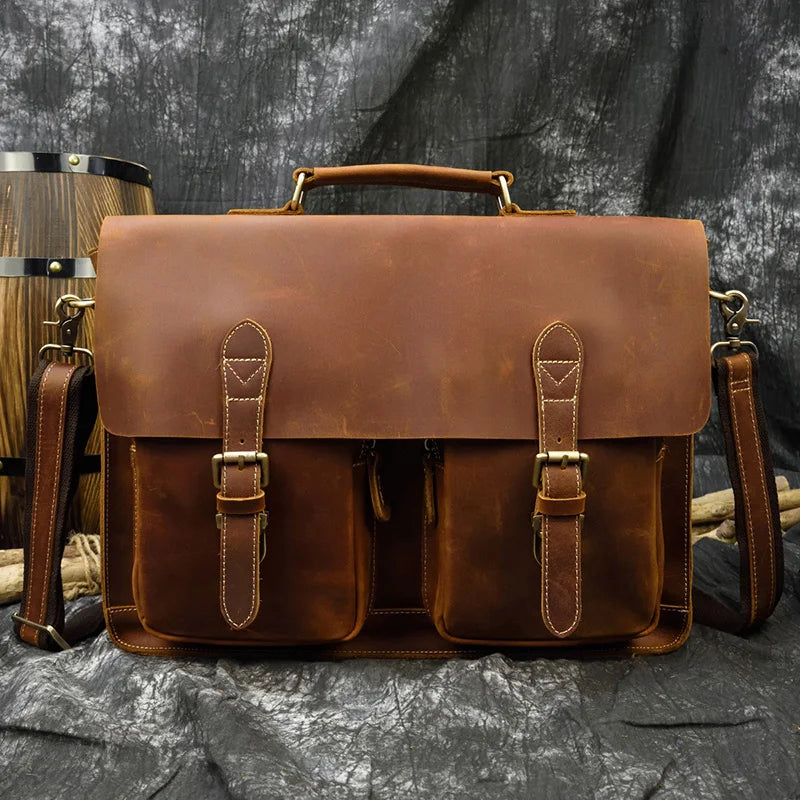 Distressed Dark Brown Leather Briefcase - 2 - aw | ONEFY.SHOP