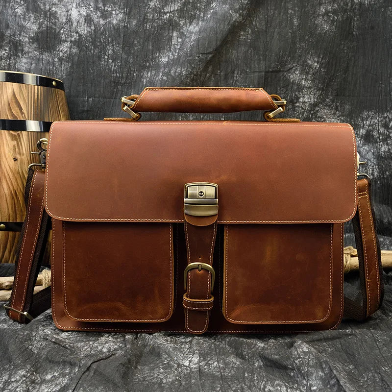 Distressed Dark Brown Leather Briefcase - 2 - aw | ONEFY.SHOP