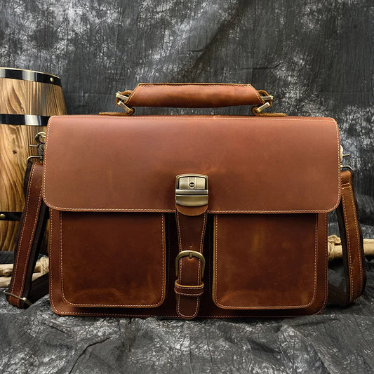 Distressed Dark Brown Leather Briefcase - 2 - aw | ONEFY.SHOP