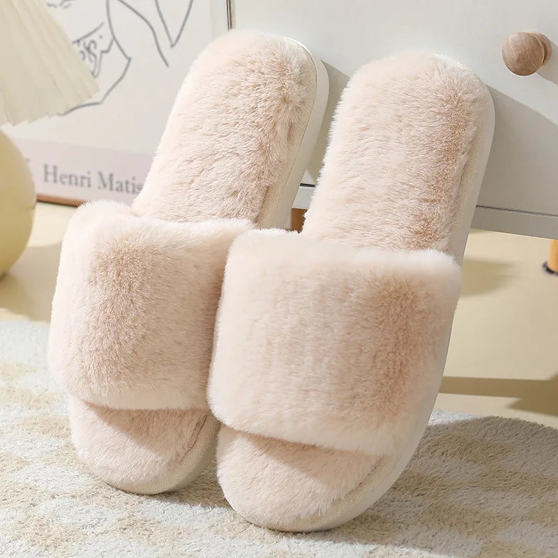 Plush Faux Fur Open-Toe House Slippers - 2 - gn | ONEFY.SHOP