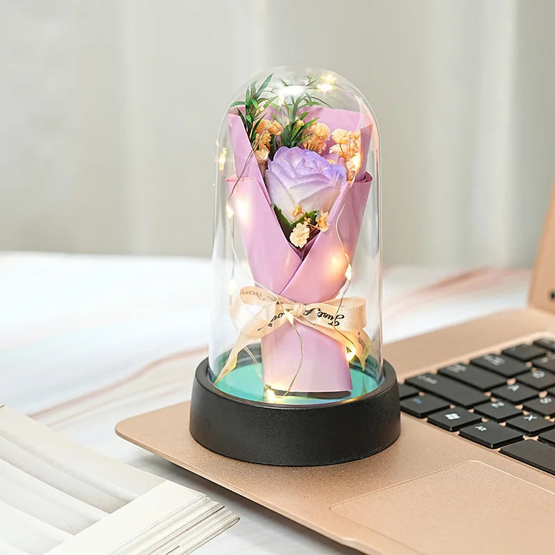 Illuminated Mini Bouquet in Glass Dome - 7 -  rs | ONEFY.SHOP