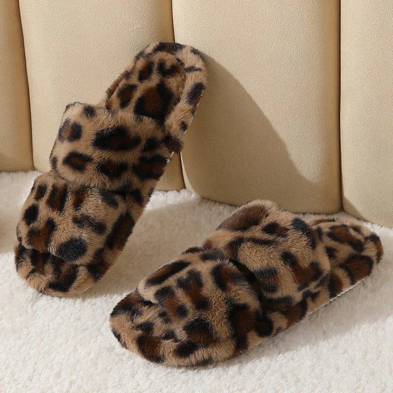 Leopard Print Plush Faux Fur Home Slipper - 2 - gn | ONEFY.SHOP