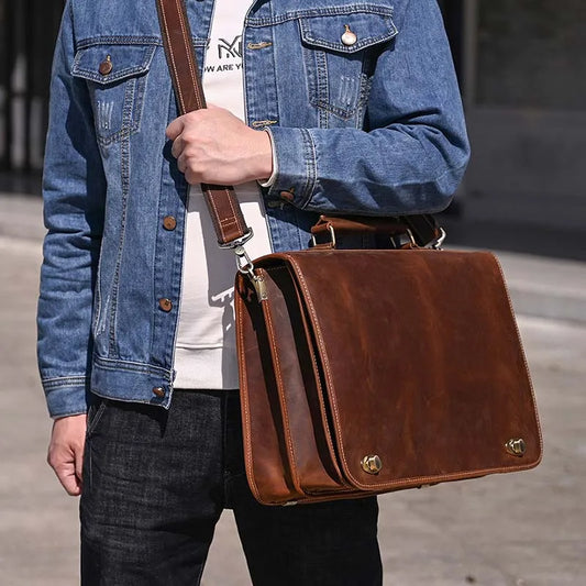 Vintage Brown Full-Grain Leather Briefcase - 2 - aw | ONEFY.SHOP