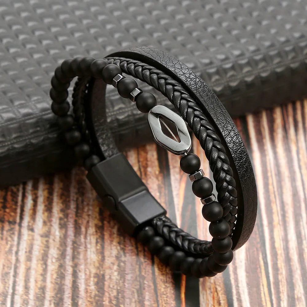 Masculine Layered Leather Bracelet - 2 - gn | ONEFY.SHOP