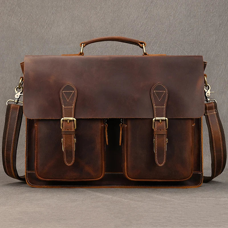 Distressed Dark Brown Leather Briefcase - 2 - aw | ONEFY.SHOP