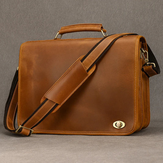 Vintage Brown Full-Grain Leather Briefcase - 2 - aw | ONEFY.SHOP