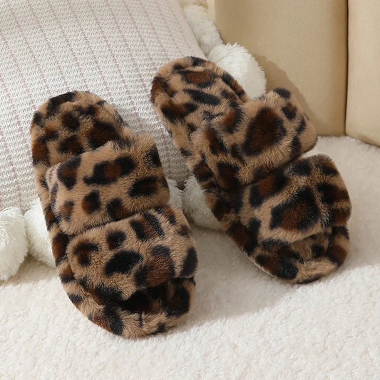Leopard Print Plush Faux Fur Home Slipper - 2 - gn | ONEFY.SHOP