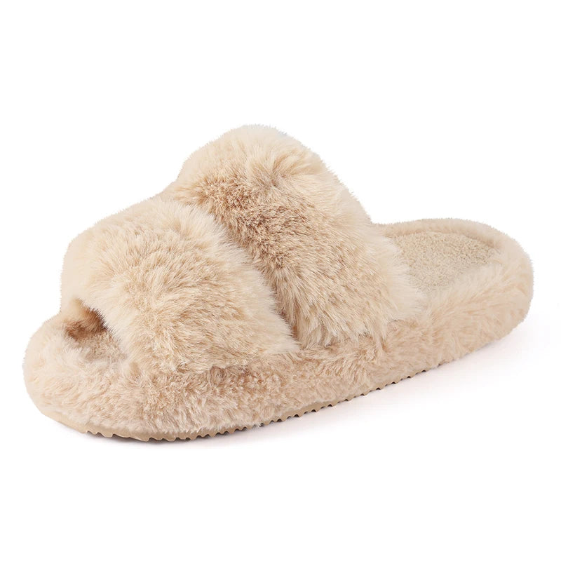 Plush Faux Fur Double-Strap Open-Toe Slippers - 2 - gn | ONEFY.SHOP