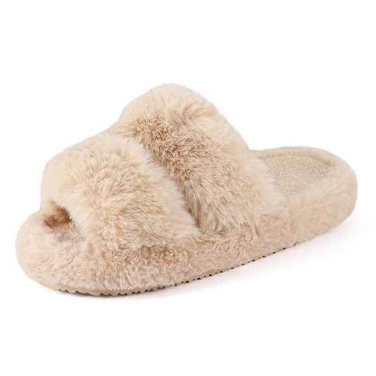 Plush Faux Fur Double-Strap Open-Toe Slippers - 2 - gn | ONEFY.SHOP