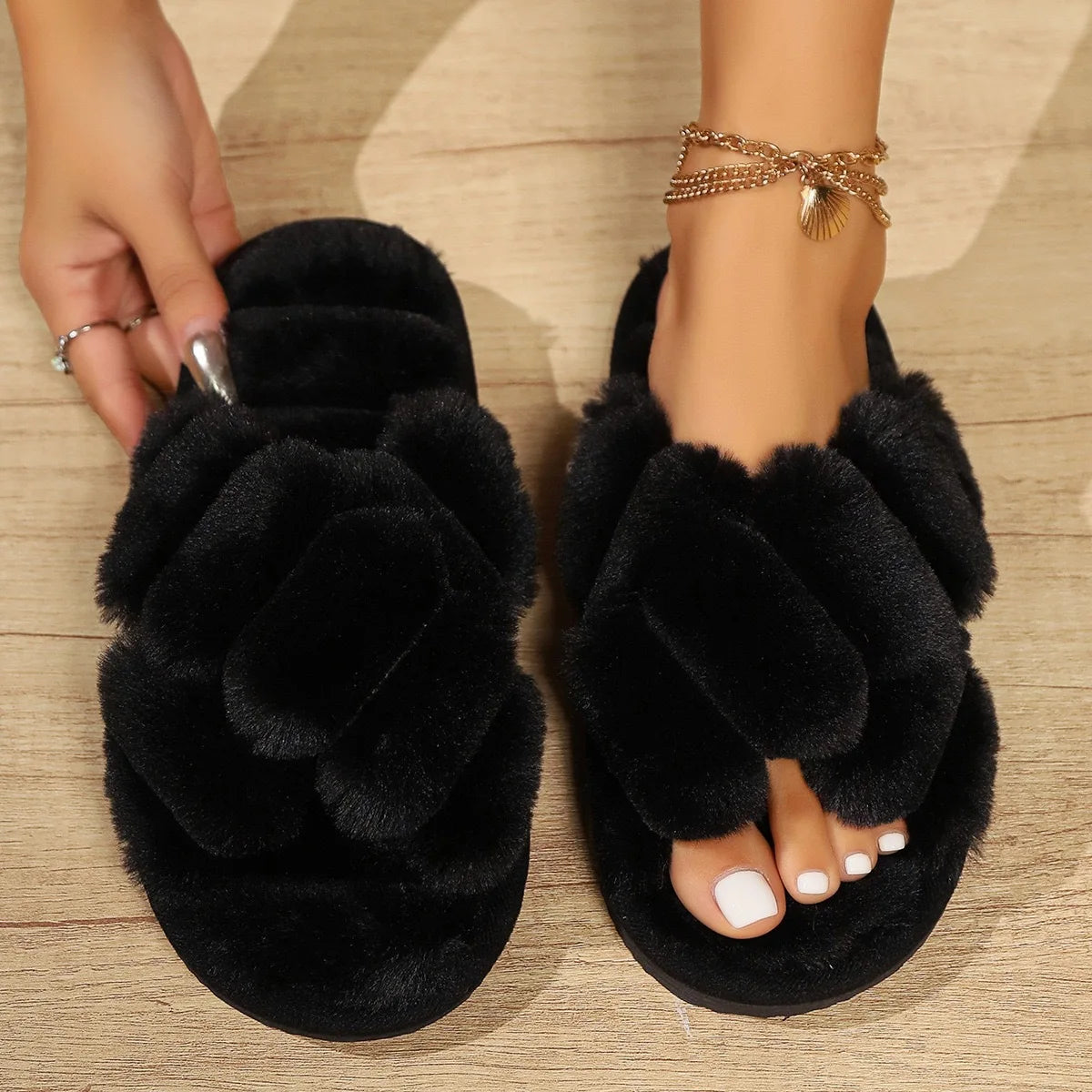 Ultra-Fluffy Braided Faux Fur Slide Slipper - 2 - gn | ONEFY.SHOP