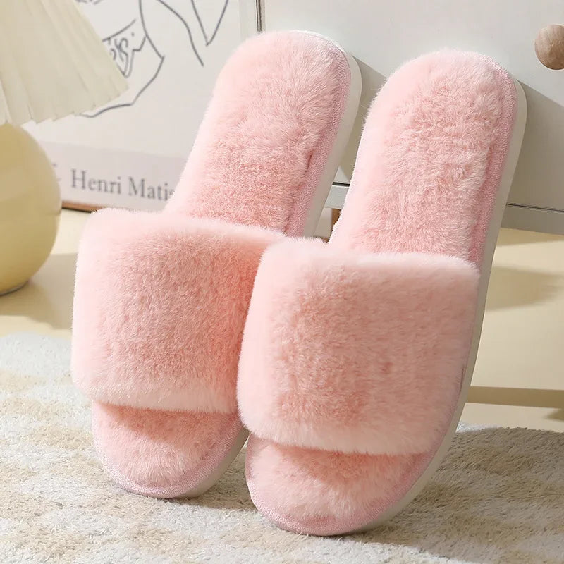 Plush Faux Fur Open-Toe House Slippers - 2 - gn | ONEFY.SHOP
