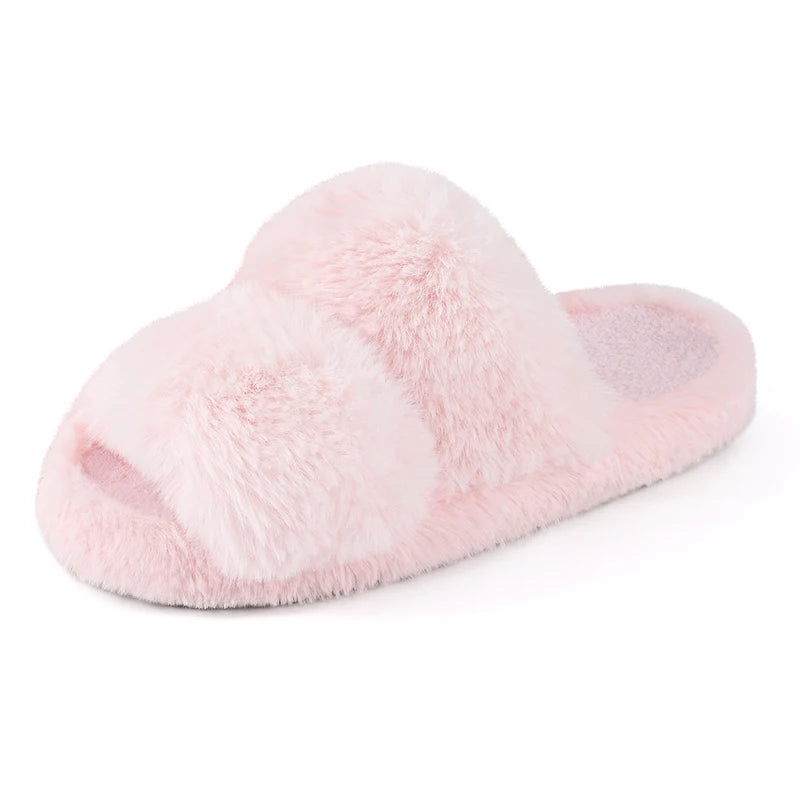 Plush Faux Fur Double-Strap Open-Toe Slippers - 2 - gn | ONEFY.SHOP