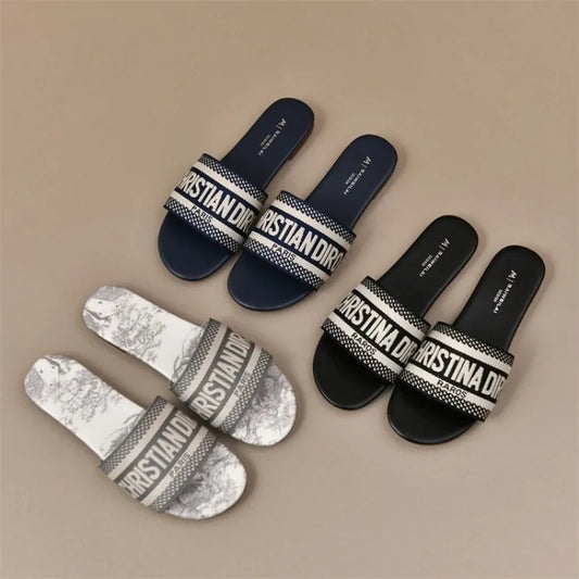 Striped Fabric Slide Sandal - 2 - gn | ONEFY.SHOP