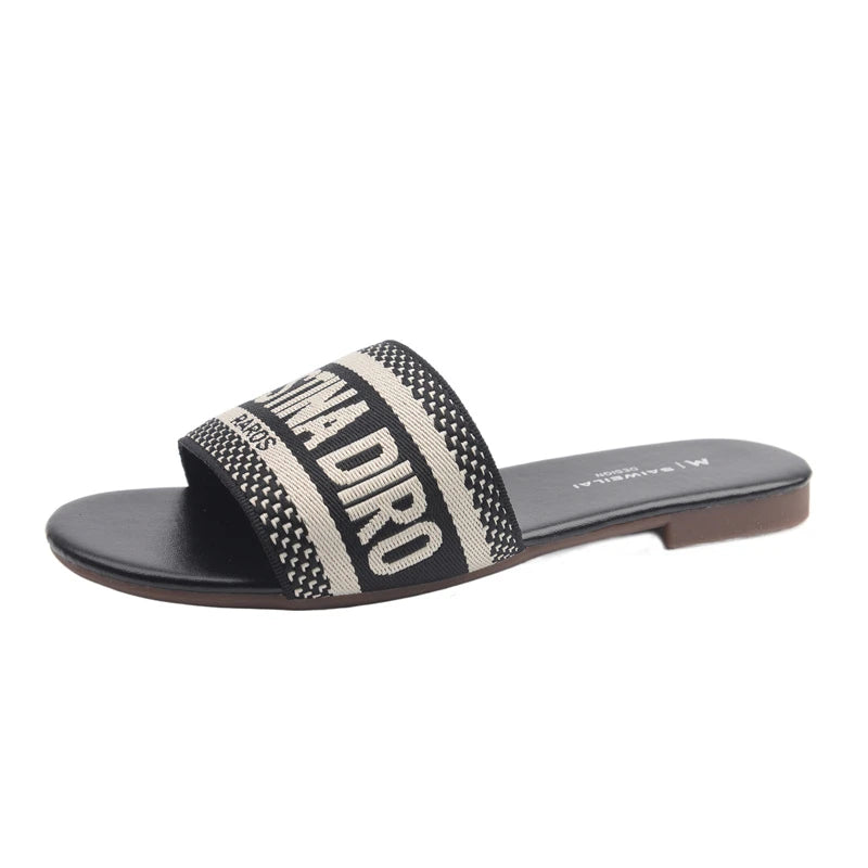 Striped Fabric Slide Sandal - 2 - gn | ONEFY.SHOP
