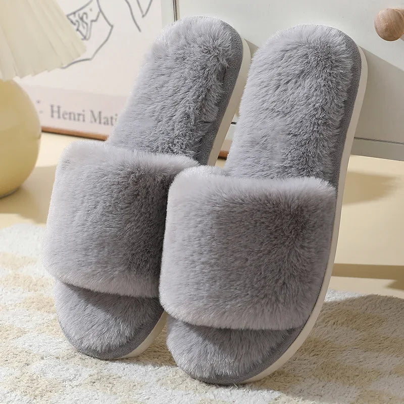 Plush Faux Fur Open-Toe House Slippers - 2 - gn | ONEFY.SHOP