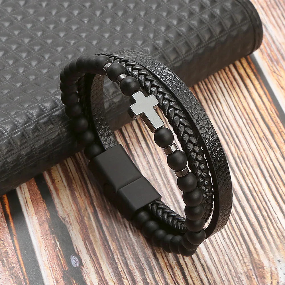 Masculine Layered Leather Bracelet - 2 - gn | ONEFY.SHOP