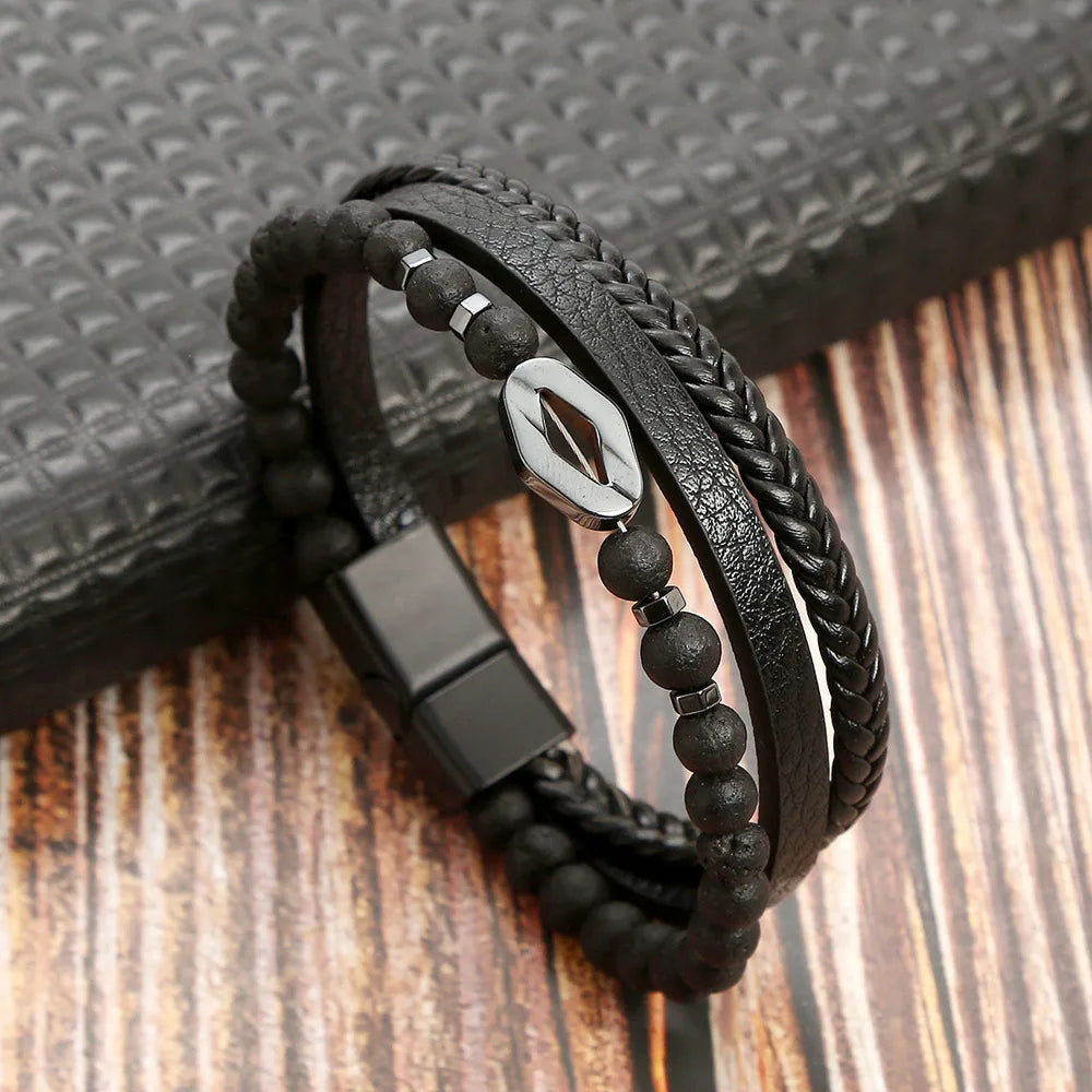 Masculine Layered Leather Bracelet - 2 - gn | ONEFY.SHOP