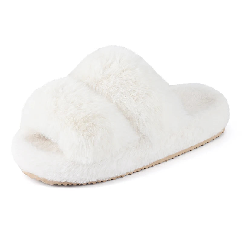 Plush Faux Fur Double-Strap Open-Toe Slippers - 2 - gn | ONEFY.SHOP