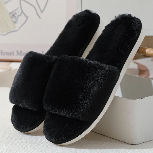 Plush Faux Fur Open-Toe House Slippers - 2 - gn | ONEFY.SHOP