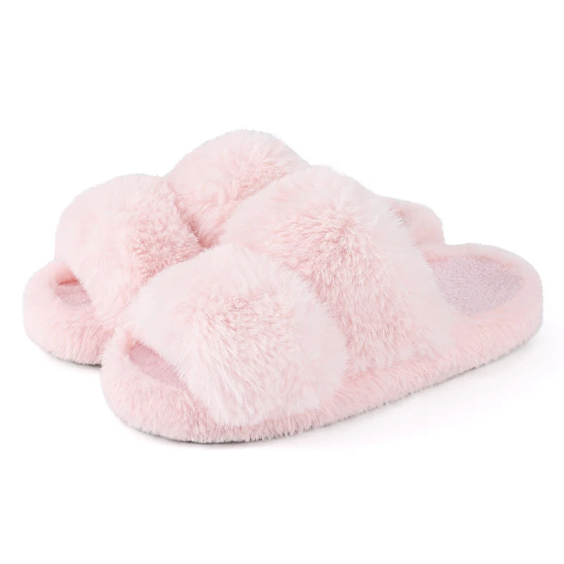 Plush Faux Fur Double-Strap Open-Toe Slippers - 2 - gn | ONEFY.SHOP