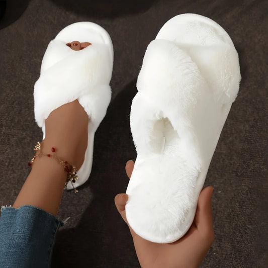 Plush Faux Fur Cross-Strap House Slippers - 2 - gn | ONEFY.SHOP