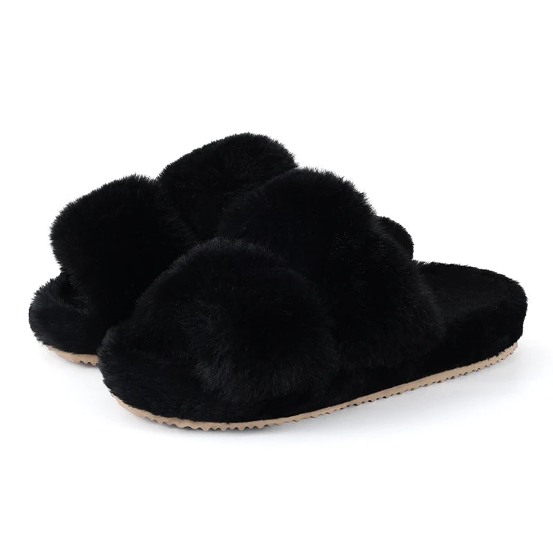 Plush Faux Fur Double-Strap Open-Toe Slippers - 2 - gn | ONEFY.SHOP