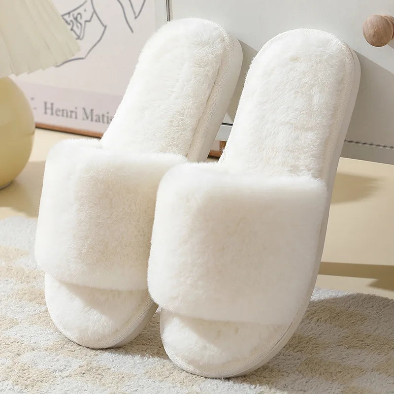 Plush Faux Fur Open-Toe House Slippers - 2 - gn | ONEFY.SHOP
