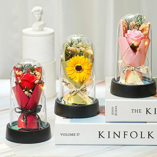 Illuminated Mini Bouquet in Glass Dome - 7 -  rs | ONEFY.SHOP