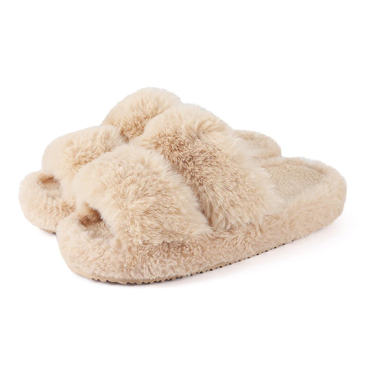 Plush Faux Fur Double-Strap Open-Toe Slippers - 2 - gn | ONEFY.SHOP