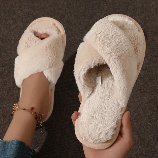 Plush Faux Fur Cross-Strap House Slippers - 2 - gn | ONEFY.SHOP