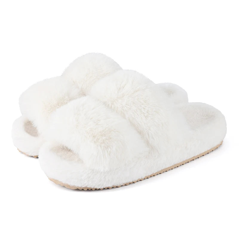 Plush Faux Fur Double-Strap Open-Toe Slippers - 2 - gn | ONEFY.SHOP