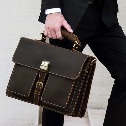 Distressed Dark Brown Leather Briefcase - 2 - aw | ONEFY.SHOP