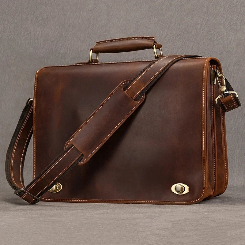 Vintage Brown Full-Grain Leather Briefcase - 2 - aw | ONEFY.SHOP
