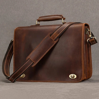 Vintage Brown Full-Grain Leather Briefcase - 2 - aw | ONEFY.SHOP