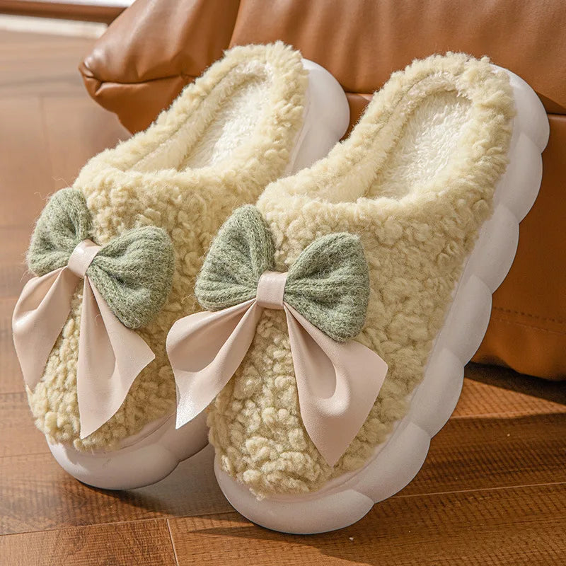 Elegant Plush Bow Indoor Slipper - 2 - gn | ONEFY.SHOP