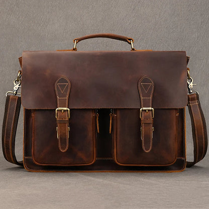Distressed Dark Brown Leather Briefcase - 2 - aw | ONEFY.SHOP