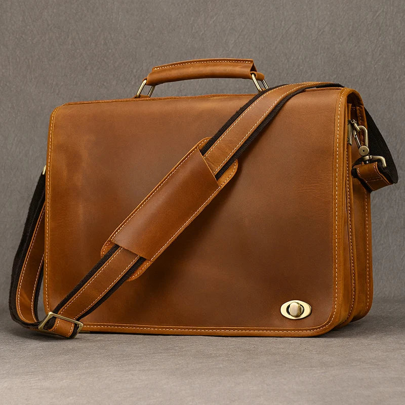 Vintage Brown Full-Grain Leather Briefcase - 2 - aw | ONEFY.SHOP