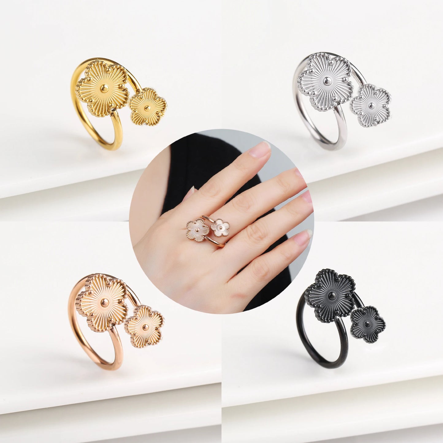 Double Flower Adjustable Ring - 2 - gn | ONEFY.SHOP