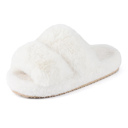 Plush Faux Fur Double-Strap Open-Toe Slippers - 2 - gn | ONEFY.SHOP