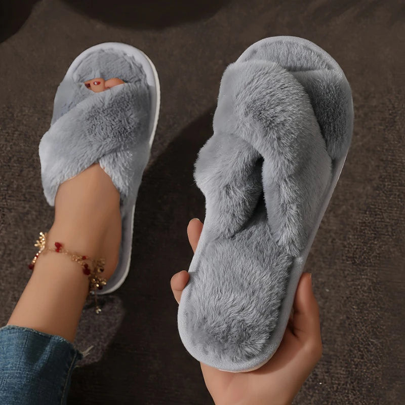 Plush Faux Fur Cross-Strap House Slippers - 2 - gn | ONEFY.SHOP