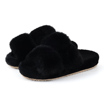 Plush Faux Fur Double-Strap Open-Toe Slippers - 2 - gn | ONEFY.SHOP